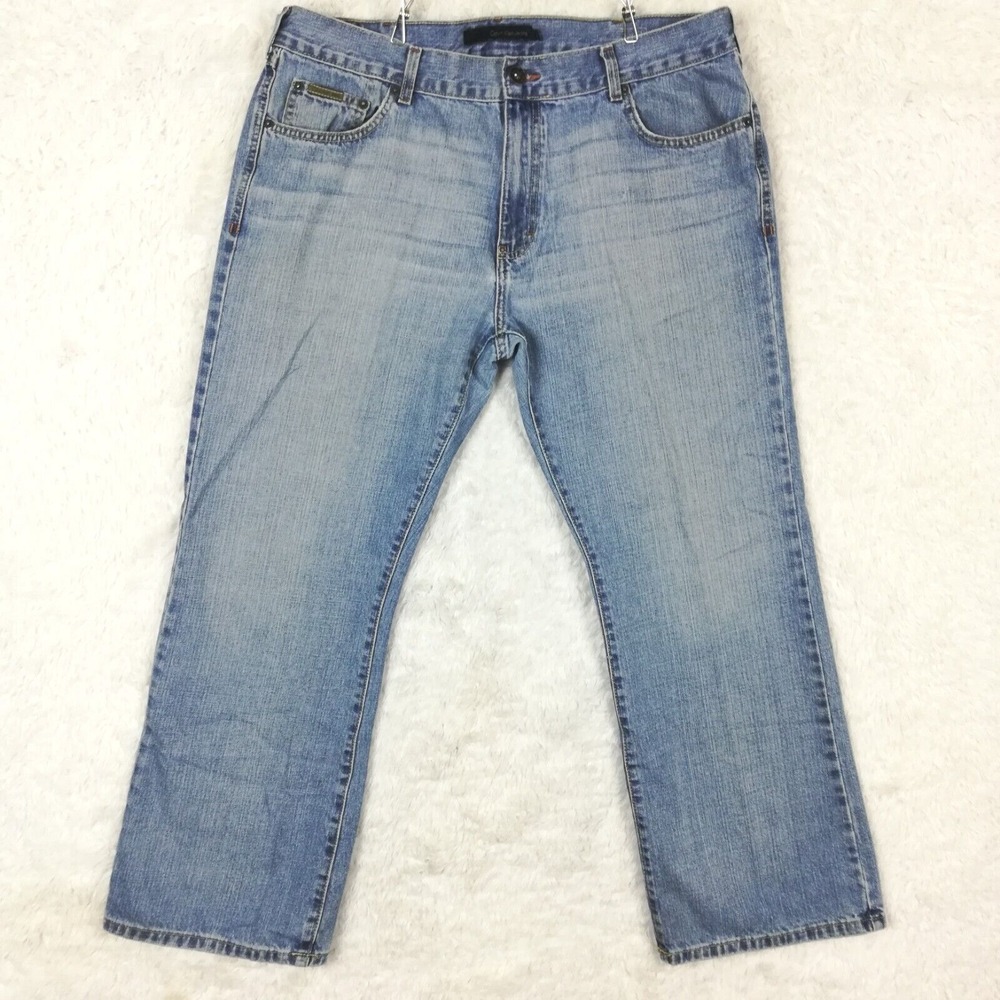 Calvin Klein Mens Jeans Slim Boot Cut Blue Denim Light Wash Whiskering 38x30